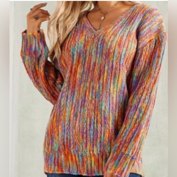 Rainbow Space Dye V-neck Sweater Plus Size 1X 2X Suzanne Betro Crochet Boho - Picture 1 of 10